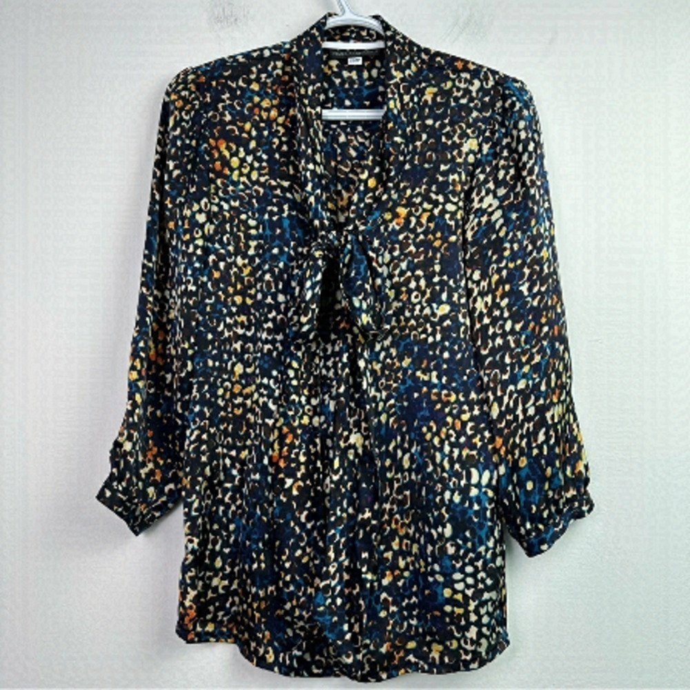 Franco Mirabelli Animal Print Button Down Neck Tie Blouse XS